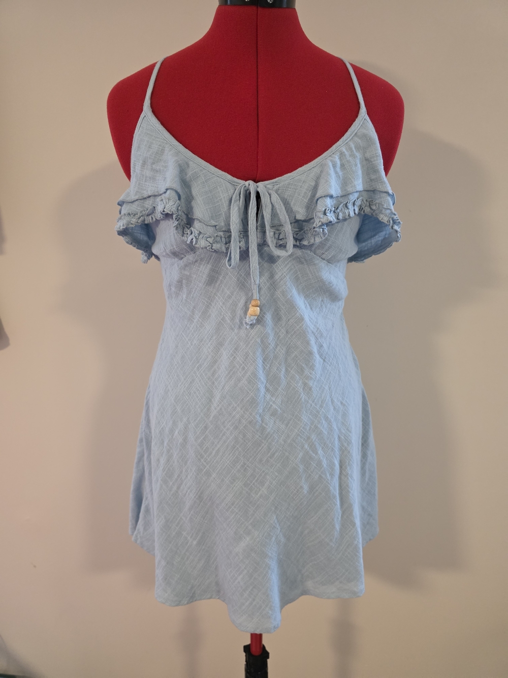 Free People Light Blue Ruffle Tie-Front Love Forever Mini Dress in Hot Spring